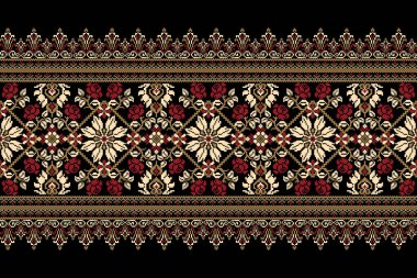 Geometrik etnik oryantal desen vektörü illüstrasyonu. Siyah zemin üzerine çiçek pikseli sanat nakışı, Aztek tarzı, soyut arkaplan. Doku, kumaş, giysi, ambalaj, dekorasyon, eşarp, baskı