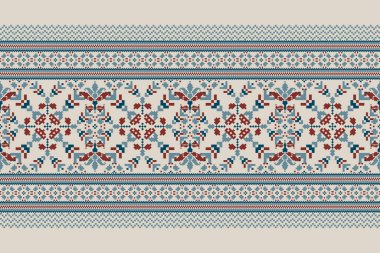 Geometrik etnik oryantal model vektörü illüstrasyonu. Gri arkaplan üzerine çiçek pikseli sanat nakışı, Aztek tarzı, soyut arkaplan. Doku, kumaş, giysi, ambalaj, dekorasyon, atkı, baskı için tasarım..