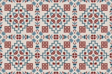 Geometrik etnik oryantal desensiz vektör illüstrasyonu. Gri arkaplan üzerinde çiçek pikseli sanat nakışı, Aztek tarzı, soyut arka plan. Doku, kumaş, giysi, ambalaj, dekorasyon için tasarım.