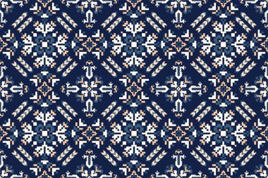 Geometrik etnik oryantal desensiz vektör illüstrasyonu. Deniz mavisi arkaplan üzerine çiçek pikseli sanat nakışı, Aztek tarzı, soyut arka plan. Doku, kumaş, giysi, süsleme, baskı,.