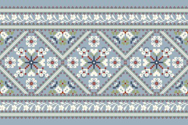 Geometrik etnik oryantal desen vektörü illüstrasyonu.Deniz mavisi arkaplan üzerine çiçek pikseli sanat nakışı, Aztek tarzı, soyut arkaplan tasarımı. Doku, kumaş, giysi, ambalaj, dekorasyon, eşarp.