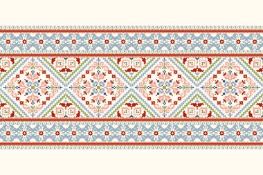 Geometrik etnik oryantal desen vektörü illüstrasyonu.Beyaz zemin üzerine çiçek pikseli sanat nakışı, Aztek tarzı, soyut arkaplan. Doku, kumaş, giysi, ambalaj, dekorasyon, eşarp, baskı