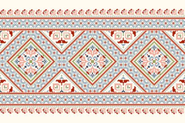 Geometrik etnik oryantal desen vektörü illüstrasyonu.Beyaz zemin üzerine çiçek pikseli sanat nakışı, Aztek tarzı, soyut arkaplan. Doku, kumaş, giysi, ambalaj, dekorasyon, eşarp, baskı