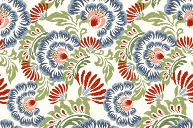 Beyaz arkaplan vektör illüstrasyonunda Ikat çiçek deseni. Ikat oryantal nakış, el çizimi, barok desen. Doku, kumaş, giysi, dekorasyon, sarong, moda kadınları için tasarım..