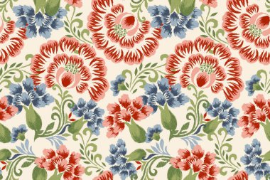 Beyaz arkaplan vektör illüstrasyonunda Ikat çiçek deseni. Ikat oryantal nakış, el çizimi, barok desen. Doku, kumaş, giysi, dekorasyon, sarong, moda kadınları için tasarım.