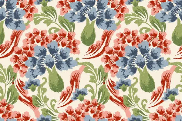 Beyaz arkaplan vektör illüstrasyonunda Ikat çiçek deseni. Ikat oryantal nakış, el çizimi, barok desen. Doku, kumaş, giysi, dekorasyon, sarong, moda kadınları için tasarım.