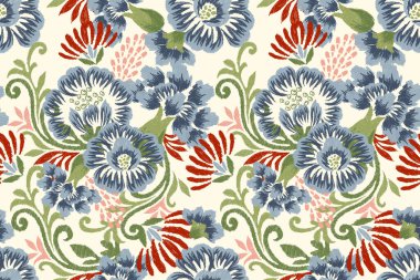 Beyaz arka planda çiçeksiz desen. Ikat çiçek işlemeli vektör ilüstrasyonu. Barok tarzı, el çizimi, moda kadınları. Doku, kumaş, giysi, ambalaj kağıdı, dekorasyon, albüm albümü..