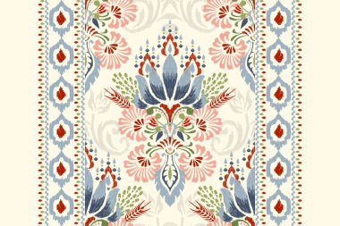 Beyaz arkaplan vektör illüstrasyonunda Ikat çiçek deseni. Etnik oryantal nakış geleneği. El çizimi, el yazısı, barok. Doku, kumaş, giysi, dekorasyon, halı, atkı, parmak izi..