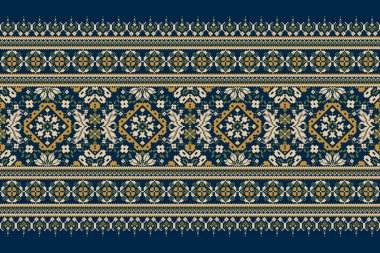 Geometrik etnik oryantal desen vektörü illüstrasyonu.Deniz mavisi arkaplan üzerine çiçek pikseli sanat nakışı, Aztek tarzı, soyut arkaplan tasarımı. Doku, kumaş, giysi, ambalaj, dekorasyon, eşarp.