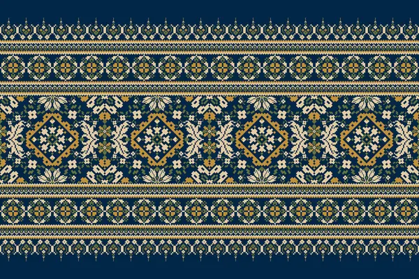 Geometrik etnik oryantal desen vektörü illüstrasyonu.Deniz mavisi arkaplan üzerine çiçek pikseli sanat nakışı, Aztek tarzı, soyut arkaplan tasarımı. Doku, kumaş, giysi, ambalaj, dekorasyon, eşarp.