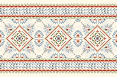 Geometrik etnik oryantal desensiz desensiz vektör illüstrasyonu. Beyaz arkaplan üzerinde çiçek pikseli sanat nakışı, Aztek tarzı, soyut arka plan. Doku, kumaş, giysi, dekorasyon, baskı, baskı için tasarım