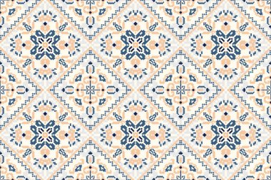 Geometrik etnik oryantal desensiz desensiz vektör illüstrasyonu. Beyaz arkaplan üzerinde çiçek pikseli sanat nakışı, Aztek tarzı, soyut arka plan. Doku, kumaş, giysi, dekorasyon, baskı, baskı için tasarım