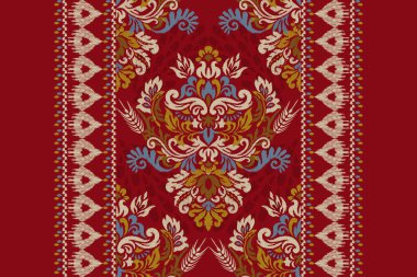 Kırmızı arkaplan vektör illüstrasyonundaki Damask Ikat çiçek deseni. Mürekkep deseni deseni deseni soyut, el çizimi, barok. Doku, kumaş, giysi, ambalaj, süs, atkı, sargı için tasarım..
