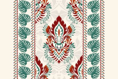 Beyaz arkaplan vektör illüstrasyonundaki Damask Ikat çiçek deseni. Mürekkep deseni deseni deseni soyut, el çizimi, barok. Doku, kumaş, giysi, ambalaj, dekorasyon, atkı, sargı için tasarım..