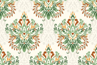 Beyaz arkaplan vektör illüstrasyonundaki Damask Ikat çiçek deseni. Mürekkep deseni deseni deseni soyut, el çizimi, barok. Doku, kumaş, giysi, ambalaj, dekorasyon, atkı, sargı için tasarım..