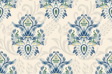 Beyaz arkaplan vektör illüstrasyonunda Ikat çiçek deseni. Ikat oryantal nakış, el çizimi, barok desen. Doku, kumaş, giysi, dekorasyon, sarong, moda kadınları için tasarım..