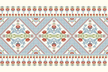 Geometrik etnik oryantal desen vektörü illüstrasyonu.Beyaz zemin üzerine çiçek pikseli sanat nakışı, Aztek tarzı, soyut arkaplan. Doku, kumaş, giysi, ambalaj, dekorasyon, eşarp, baskı