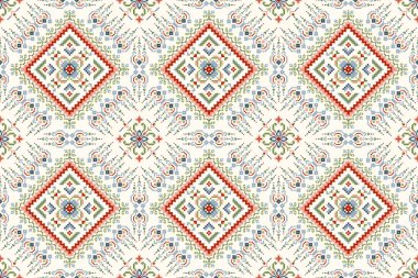 Geometrik etnik oryantal desensiz desensiz vektör illüstrasyonu. Beyaz arkaplan üzerinde çiçek pikseli sanat nakışı, Aztek tarzı, soyut arka plan. Doku, kumaş, giysi, dekorasyon, baskı, baskı için tasarım