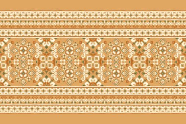 Turuncu arkaplan vektörü illüstrasyonundaki çiçek geometrik etnik desen. Piksel sanat nakışı, Aztek tarzı, soyut arkaplan. Doku, kumaş, giysi, ambalaj, dekorasyon, sarong, atkı, baskı.