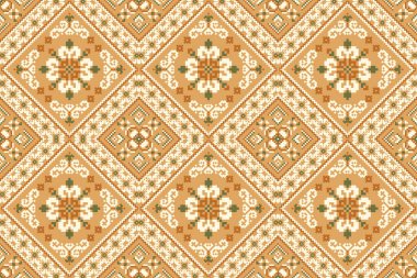 Turuncu arka planda geleneksel geometrik etnik doğulu dikişsiz desen. Çiçek pikseli sanat nakışı vektör illüstrasyonu, soyut arkaplan. Doku, kumaş, kumaş, yüzey tasarımı.