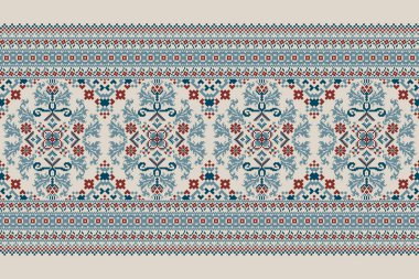 Geometrik etnik oryantal model vektörü illüstrasyonu. Gri arkaplan üzerine çiçek pikseli sanat nakışı, Aztek tarzı, soyut arkaplan. Doku, kumaş, giysi, ambalaj, dekorasyon, atkı, baskı için tasarım..