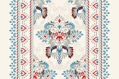 Beyaz arkaplan vektör illüstrasyonundaki Damask Ikat çiçek deseni. Mürekkep deseni deseni deseni soyut, el çizimi, barok. Doku, kumaş, giysi, ambalaj, dekorasyon, atkı, sargı için tasarım..