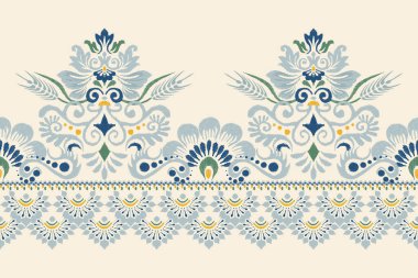 Beyaz arkaplan vektör illüstrasyonundaki Damask Ikat çiçek deseni. Mürekkep deseni deseni deseni soyut, el çizimi, barok. Doku, kumaş, giysi, ambalaj, dekorasyon, atkı, sargı için tasarım..