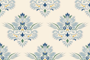 Beyaz arkaplan vektör illüstrasyonunda Ikat çiçek deseni. Ikat oryantal nakış, el çizimi, barok desen. Doku, kumaş, giysi, dekorasyon, sarong, moda kadınları için tasarım..