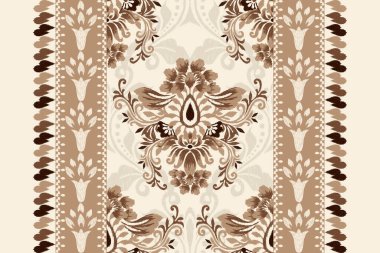 Beyaz arkaplan vektörü illüstrasyonunda Damask Ikat çiçek deseni. Mürekkep deseni deseni nakış soyut, el çizimi, barok. Doku, kumaş, giysi, ambalaj, süs, atkı, halı için tasarım.