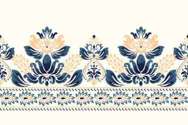 Beyaz arkaplan vektör illüstrasyonundaki Damask Ikat çiçek deseni. Mürekkep deseni deseni deseni soyut, el çizimi, barok. Doku, kumaş, giysi, ambalaj, dekorasyon, atkı, sargı için tasarım..