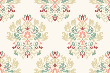 Beyaz arkaplan vektörü illüstrasyonunda Damask Ikat çiçek desensiz desen. Ikat oryantal nakış. El çizimi, barok tarzı. Doku, kumaş, giysi, ambalaj, dekorasyon, sarong, eşarp, baskı için tasarım..