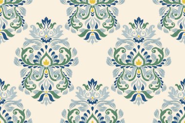 Beyaz arkaplan vektörü illüstrasyonunda Ikat çiçek deseni. damask Ikat oryantal nakış. Geleneksel, el çizimi, barok sanat. Doku, kumaş, giysi, dekorasyon, sarong için tasarım.