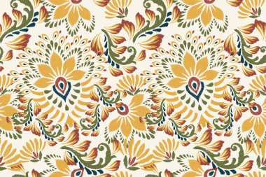 Beyaz arkaplan vektörü illüstrasyonunda Ikat çiçek deseni. damask Ikat oryantal nakış. Geleneksel, el çizimi, barok sanat. Doku, kumaş, giysi, dekorasyon, sarong için tasarım.