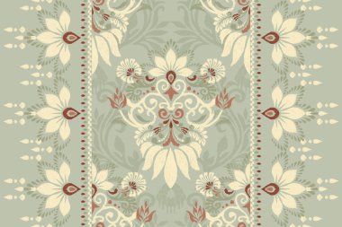 Yeşil arkaplan vektörü illüstrasyonunda Damask Ikat çiçek deseni. Mürekkep deseni deseni nakış soyut, el çizimi, barok. Doku, kumaş, giysi, ambalaj, süs, atkı, halı için tasarım.