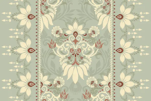 Yeşil arkaplan vektörü illüstrasyonunda Damask Ikat çiçek deseni. Mürekkep deseni deseni nakış soyut, el çizimi, barok. Doku, kumaş, giysi, ambalaj, süs, atkı, halı için tasarım.