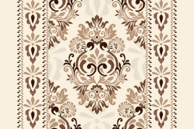 Beyaz arkaplan vektörü illüstrasyonunda Damask Ikat çiçek deseni. Mürekkep deseni deseni nakış soyut, el çizimi, barok. Doku, kumaş, giysi, ambalaj, süs, atkı, halı için tasarım.