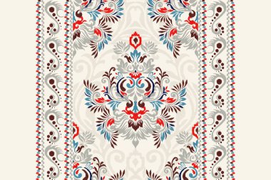 Beyaz arkaplan vektör illüstrasyonundaki Damask Ikat çiçek deseni. Mürekkep deseni deseni deseni soyut, el çizimi, barok. Doku, kumaş, giysi, ambalaj, dekorasyon, atkı, sargı için tasarım..