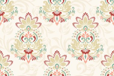 Beyaz arkaplan vektör illüstrasyonunda Ikat çiçek deseni. Ikat oryantal nakış, el çizimi, barok desen. Doku, kumaş, giysi, dekorasyon, sarong, moda adamları için tasarım..