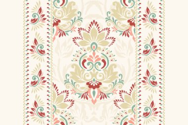 Beyaz arkaplan vektörü illüstrasyonunda Damask Ikat çiçek deseni. Mürekkep deseni deseni nakış soyut, el çizimi, barok. Doku, kumaş, giysi, ambalaj, süs, atkı, halı için tasarım.