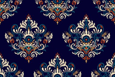 Deniz mavisi arkaplan vektör illüstrasyonunda Arabesque Ikat çiçekli desen. Etnik oryantal nakış, el çizimi, barok. Doku, kumaş, giysi, ambalaj, dekorasyon için tasarım