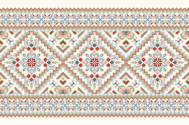 Geometrik etnik oryantal desen vektörü illüstrasyonu.Beyaz zemin üzerine çiçek pikseli sanat nakışı, Aztek tarzı, soyut arkaplan. Doku, kumaş, giysi, ambalaj, dekorasyon, eşarp, baskı