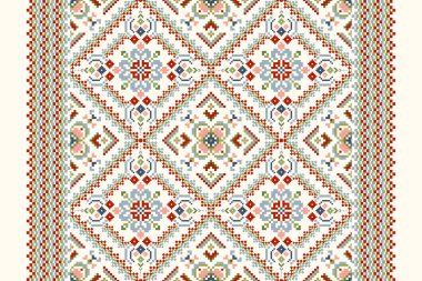 Geometrik etnik oryantal desen vektörü illüstrasyonu.Beyaz zemin üzerine çiçek pikseli sanat nakışı, Aztek tarzı, soyut arkaplan. Doku, kumaş, giysi, ambalaj, dekorasyon, eşarp, baskı