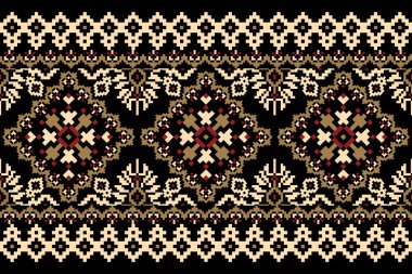 Geometrik etnik oryantal desen vektörü illüstrasyonu. Siyah zemin üzerine çiçek pikseli sanat nakışı, Aztek tarzı, soyut arkaplan. Doku, kumaş, giysi, ambalaj, dekorasyon, eşarp, baskı