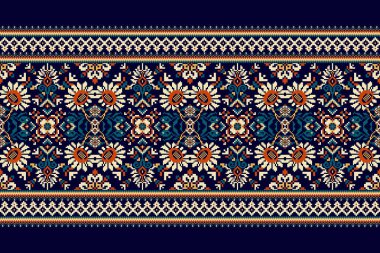 Geometrik etnik oryantal desen vektörü illüstrasyonu.Deniz mavisi arkaplan üzerine çiçek pikseli sanat nakışı, Aztek tarzı, soyut arkaplan tasarımı. Doku, kumaş, giysi, ambalaj, dekorasyon, eşarp.