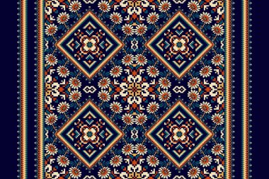 Geometrik etnik oryantal desen vektörü illüstrasyonu.Deniz mavisi arkaplan üzerine çiçek pikseli sanat nakışı, Aztek tarzı, soyut arkaplan tasarımı. Doku, kumaş, giysi, ambalaj, dekorasyon, eşarp.