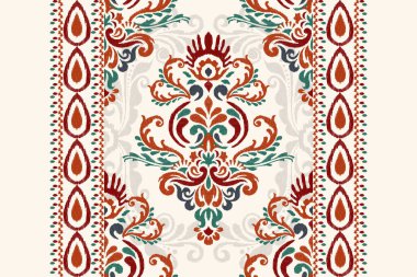 Beyaz arkaplan vektör illüstrasyonundaki Damask Ikat çiçek deseni. Mürekkep deseni deseni deseni soyut, el çizimi, barok. Doku, kumaş, giysi, ambalaj, dekorasyon, atkı, sargı için tasarım..