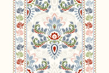 Beyaz arkaplan vektörü illüstrasyonunda Ikat çiçek deseni. Ikat oryantal nakış, el çizimi, barok desen. Doku, kumaş, giysi, dekorasyon, halı, atkı, baskı, tekstil için tasarım.