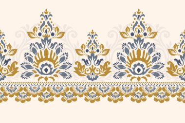 Beyaz arkaplan vektör illüstrasyonundaki Damask Ikat çiçek deseni. Mürekkep deseni deseni deseni soyut, el çizimi, barok. Doku, kumaş, giysi, ambalaj, dekorasyon, atkı, sargı için tasarım..