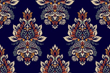 Mor arkaplan vektör illüstrasyonunda Ikat çiçek deseni. Ikat oryantal nakış, el çizimi, barok desen. Doku, kumaş, giysi, dekorasyon, sarong, moda kadınları için tasarım.