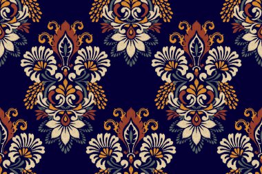 Mor arkaplan vektör illüstrasyonunda Ikat çiçek deseni. Ikat oryantal nakış, el çizimi, barok desen. Doku, kumaş, giysi, dekorasyon, sarong, moda kadınları için tasarım.